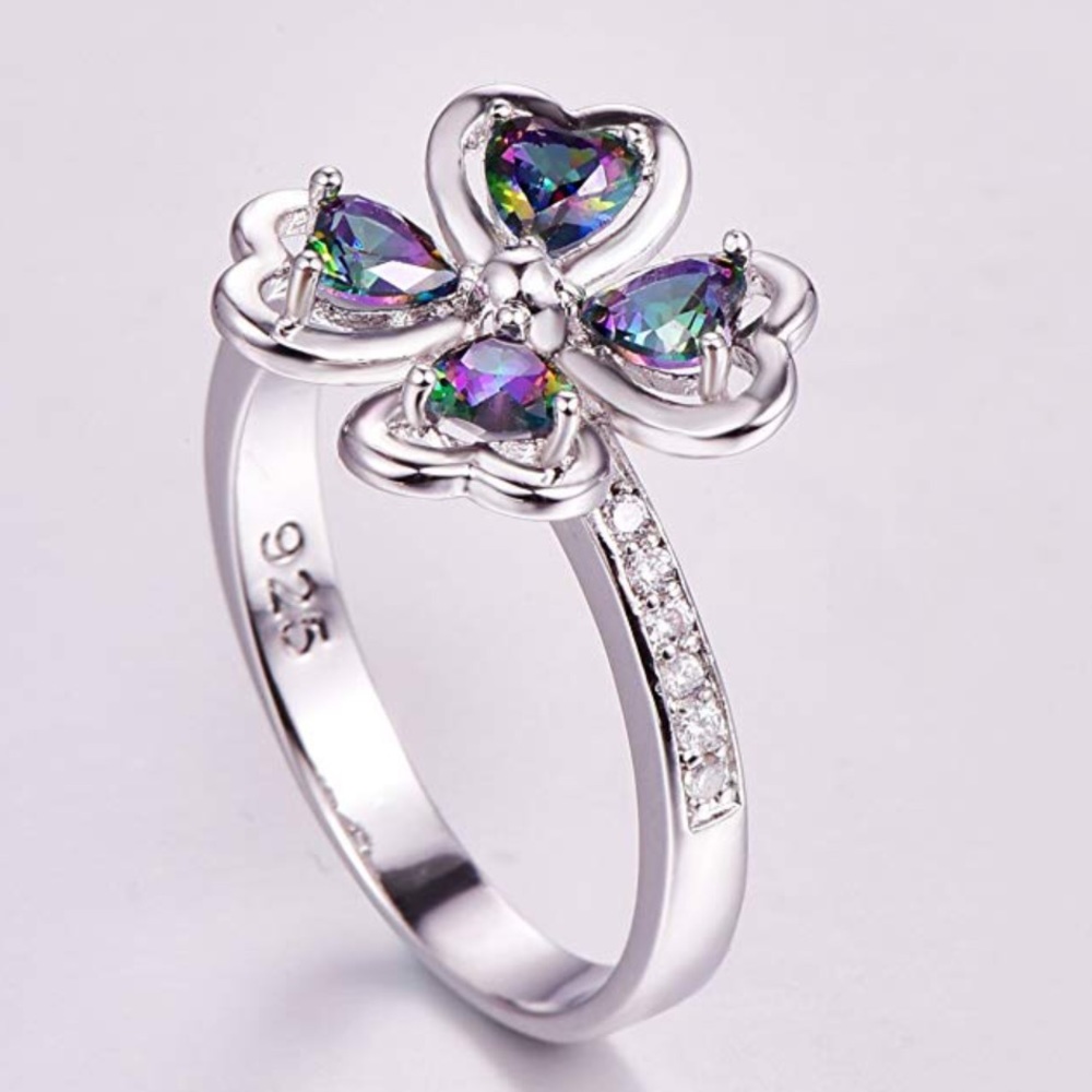 New 🛑925 Sterling Silver Rainbow 4 Clover ring